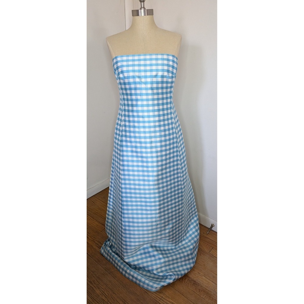 Ralph Lauren 100% Silk Blue Gingham Strapless Maxi Dress Sz 10 Quiet Luxury - Picture 2 of 11
